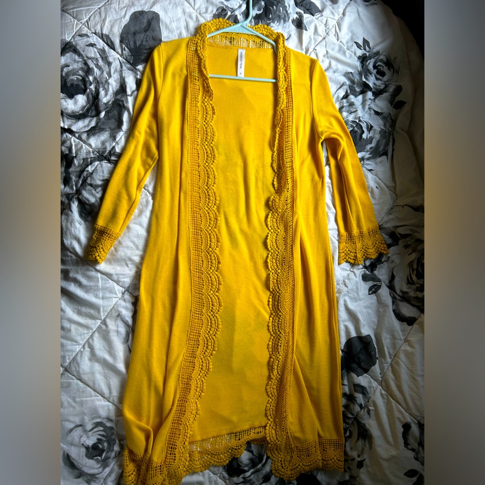 Long sleeve bright yellow boho cardigan with lace